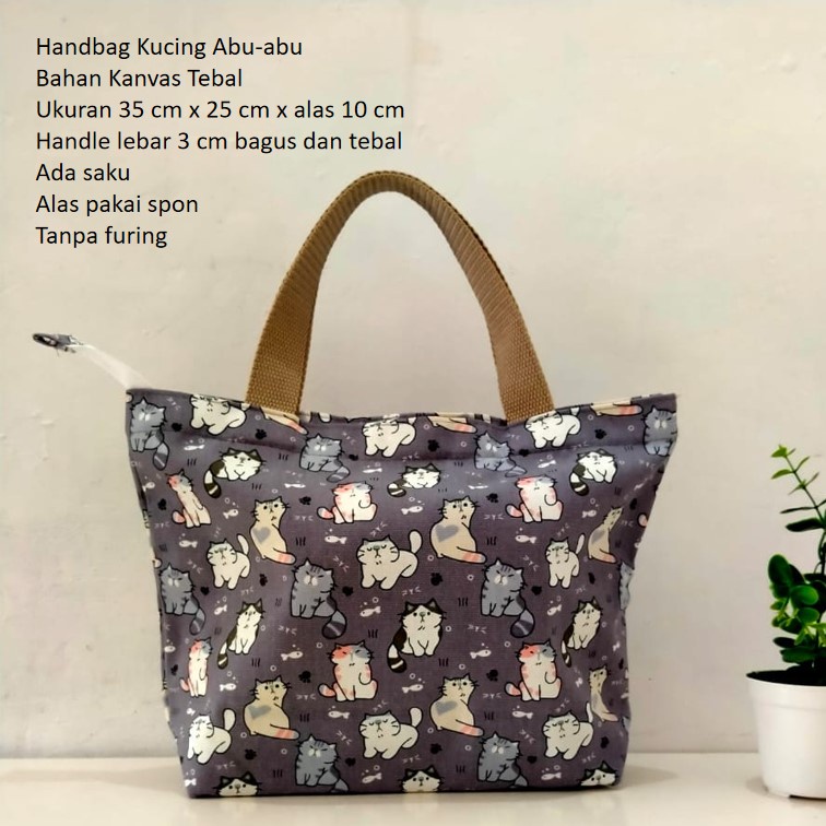 TAS KANVAS HANDBAG KANVAS BESAR MOTIF KUCING ABU-ABU. Riens Collections