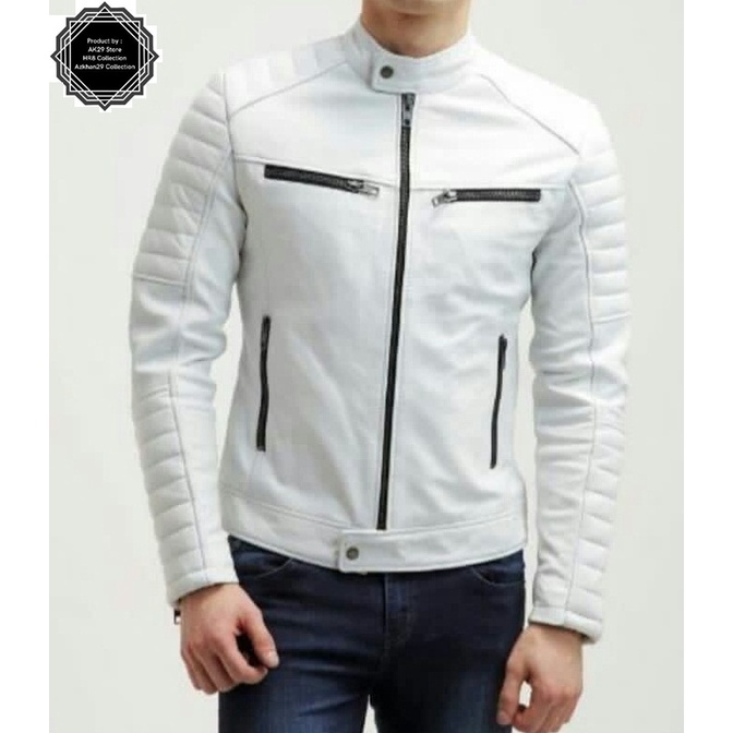 Jaket Motor Pria Kulit Sintetis Putih Keren/Jaket Motor/Fashion Pria