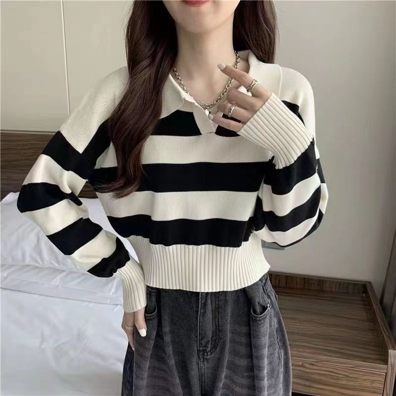 Baju Rajut Wanita Kaos Stripe V-neck Lengan Panjang Casual Top