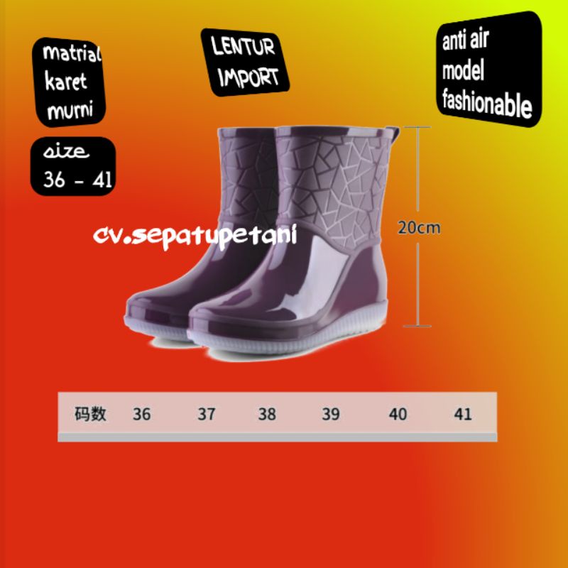 Sepatu Boot Boots But Wanita Import Karet Low Heels Lentur Anti air Banjir Keong Tinggi 21 Cm Kebun Taman Pasar Lembut PVC Sol Tebal Pantai APD Kesehatan on Slip Cewek Paku Beling Kaca Safety Bukan AP