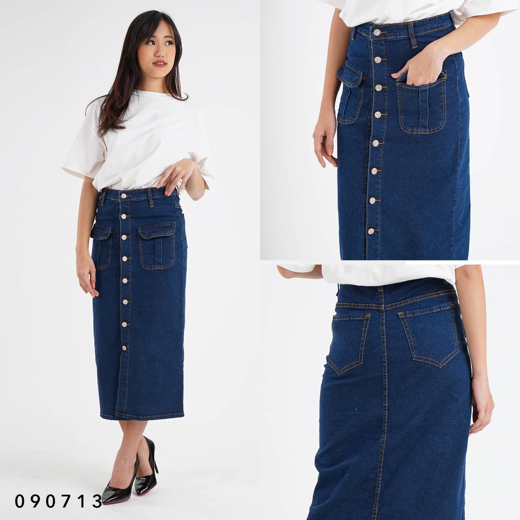 Skirt Jeans Wanita Cewek Rok Kancing 8 Stretch Bigsize Jumbo Kantong Depan