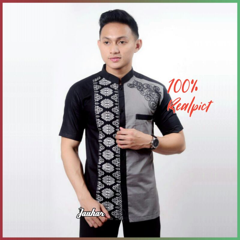 JAUHAR baju koko kombinasi batik koko pria lengan pendek baju atasan pria koko bordir lengan pendek 