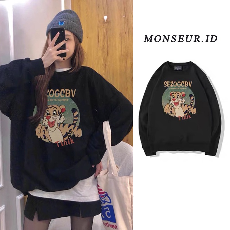 sweater cewek kekinian korean style cartoon big tiger graphic printing sweater hitam import lengan panjang basic sweater crewneck