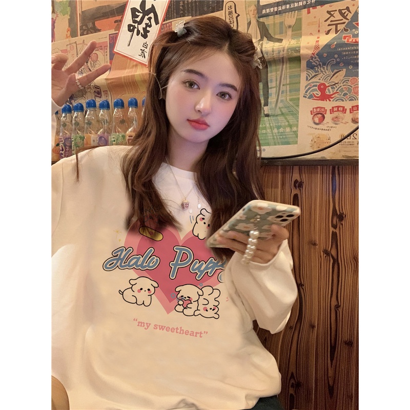 EUNII Sweater Lengan Panjang Cartoon Love Dog Korean Style/Hoodie Oversize/Baju Wanita/Switer Wanita