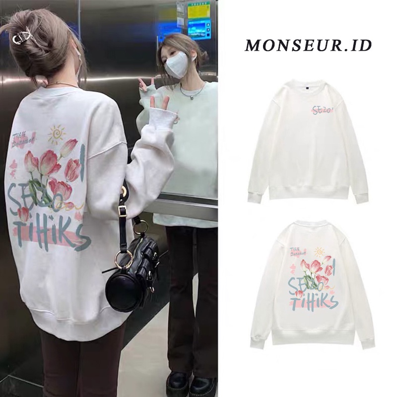 sweater oversize korea basic flower letter motif Print Print Sweater casual crewneck lengan panjang switer hitam wanita