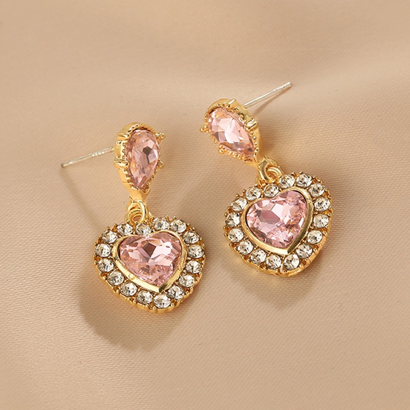 2022 Anting Tusuk Gantung Wanita Desain Hati Hias Kristal / Berlian Warna Pink Gaya Retro Untuk Hadiah