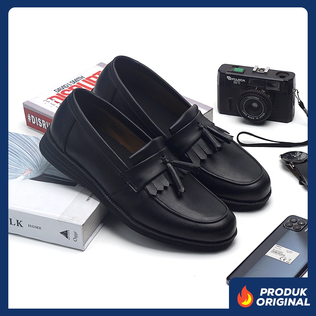 JARVIS BLACK ORIGINAL x RAN Sepatu Loafers Full Hitam Pria Slip On Formal Casual Kerja Kantor Slop Resmi Kantoran Pesta Wedding Kondangan Nikah Selop Jalan Santai Hangout Kuliah Penny Loafer Semi Kulit Premium Men Footwear Keren Terbaru Kekinian Branded