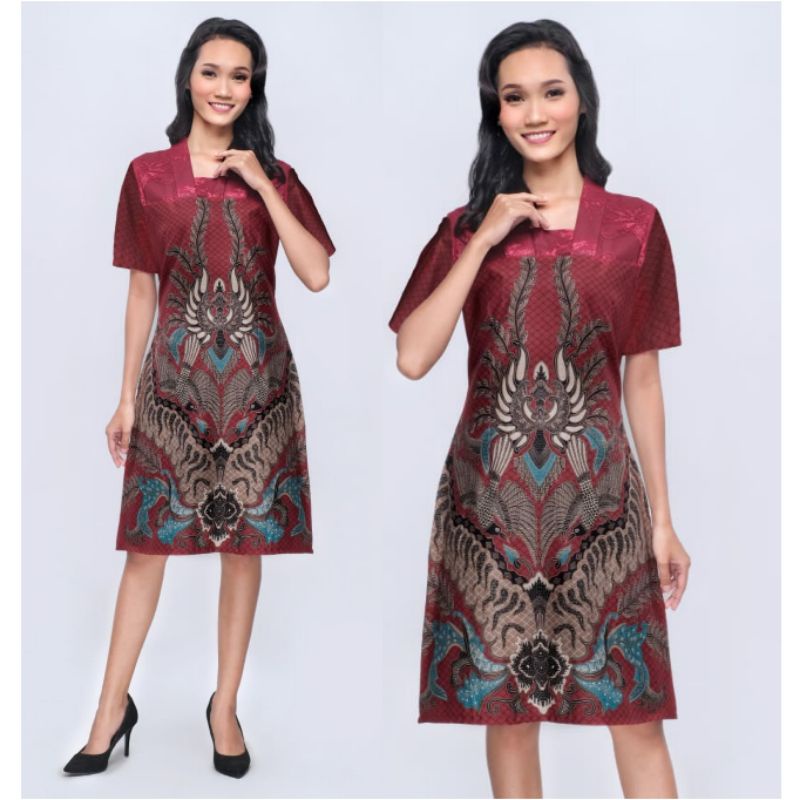 Dress Batik Wanita Modern Jumbo 4L-5L Kombinasi Brokat Tunik Batik Big Size XXL XXXL Seragam Batik ERN