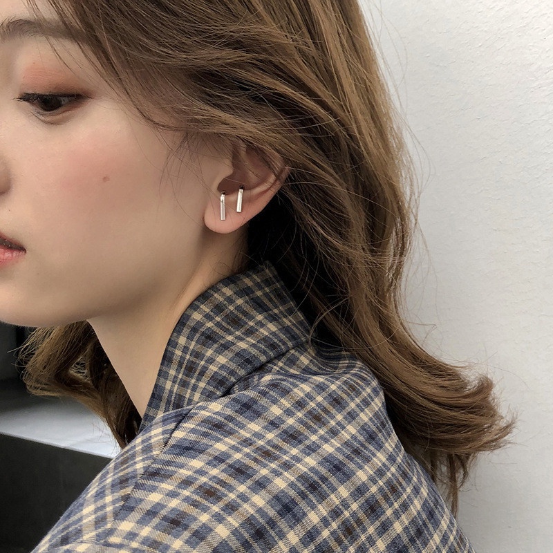 Papaozhu Korea S925 Perak Curving Hook Anting Untuk Wanita Pria Unisex Minimalis Stud Earring Fashion Telinga Manset Perhiasan