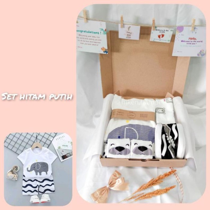 

(COD) Hampers Setelan Bayi Laki Laki /Gift Bayi / Kado Lahiran - SET HITAM PUTIH, BOX MOTIF