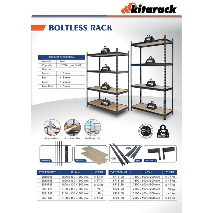 WAREHOUSE RACK KITARACK BR2115B BOLTLESS RAK GUDANG 4 SUSUN 2.1 METER