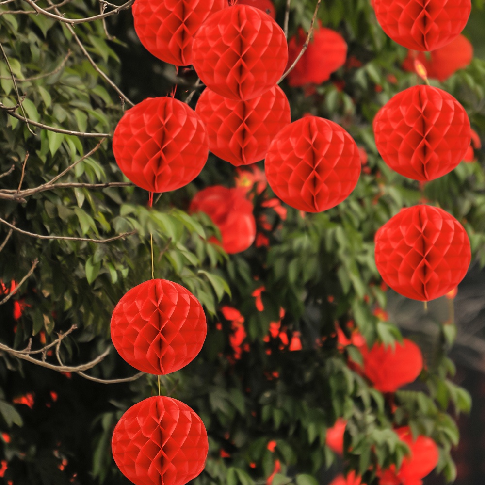 1 Pc Lampion Kertas Bulat Motif Sarang Lebah Warna Merah Gaya China Tradisional Untuk Dekorasi Pesta