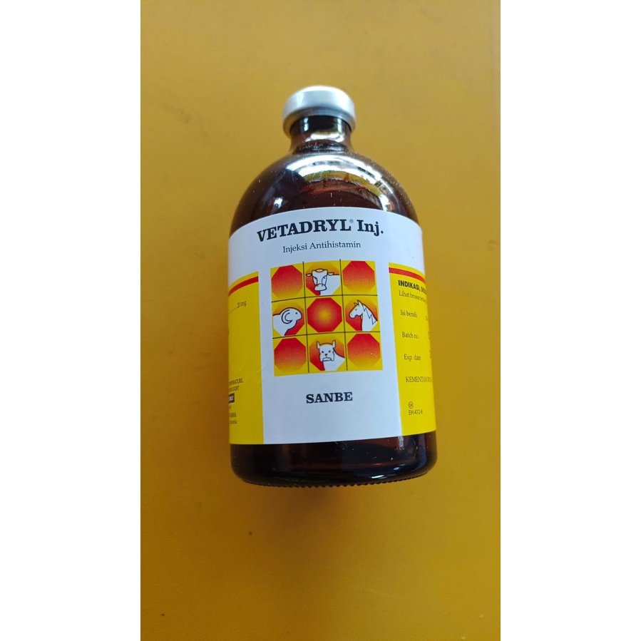 Jual Vetadryl Injeksi 100 ml Antihistamin Hewan Sapi Kuda dll PT Sanbe