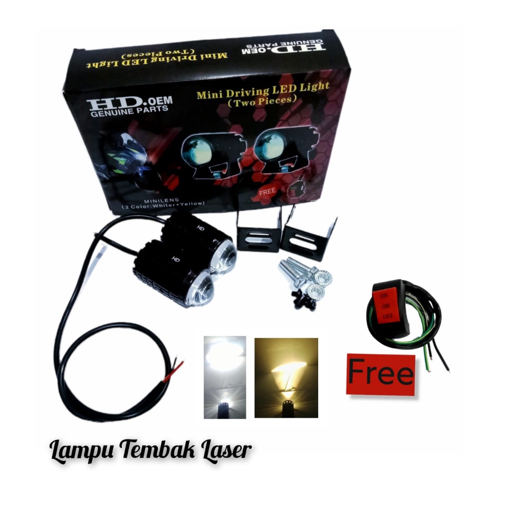 Lampu Tembak Laser Led Mini 2 Warna Lampu Tembak Sorot Foglamp Mini D2 Laser Gun Putih Kuning Free S