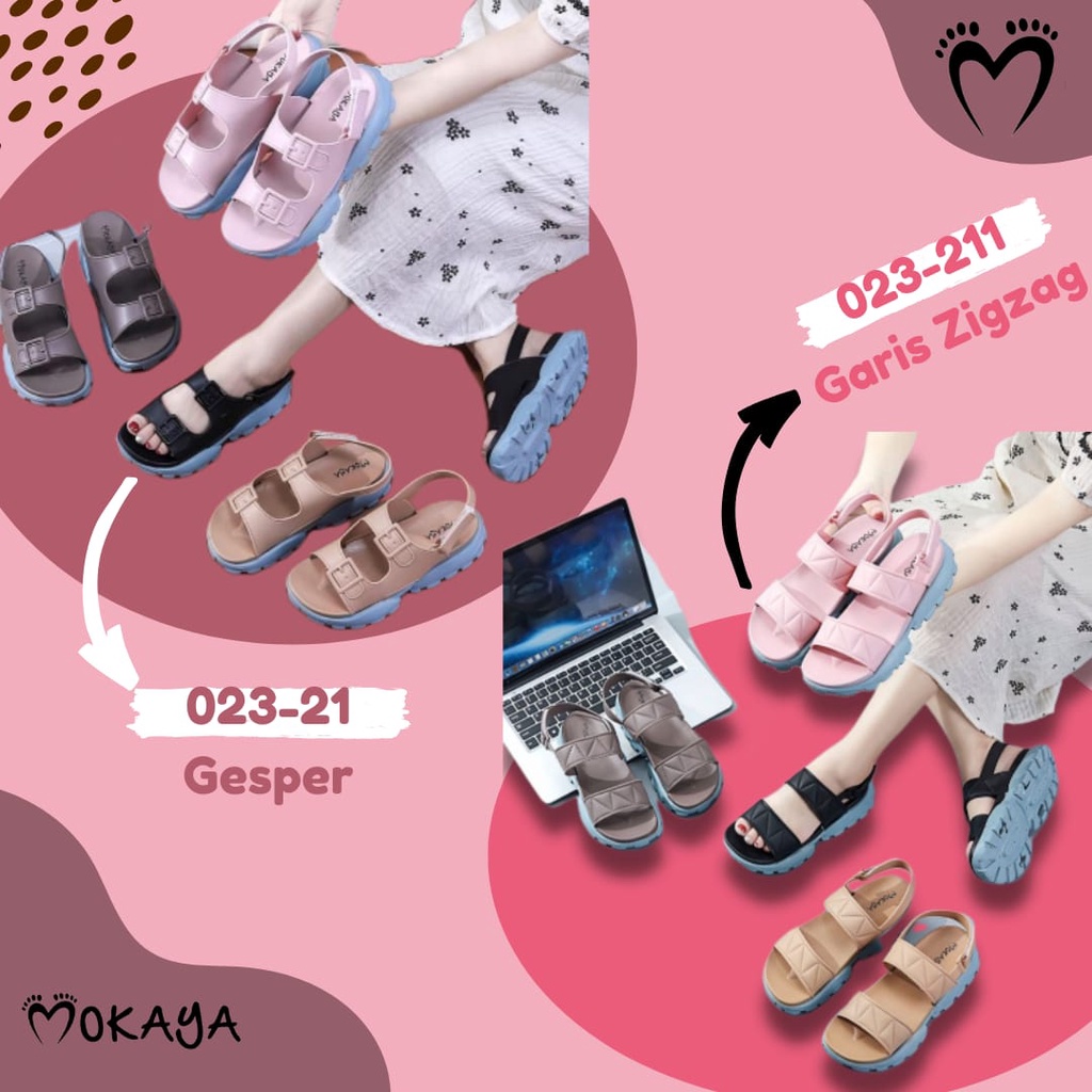 Sandal Let Gunung Jelly Karet Wanita Ban 2 Gesper &amp; Garis Zigzag Super Keren Casual Trendy Mewah Import Mokaya / Size 37-41 (023-21/023-211)