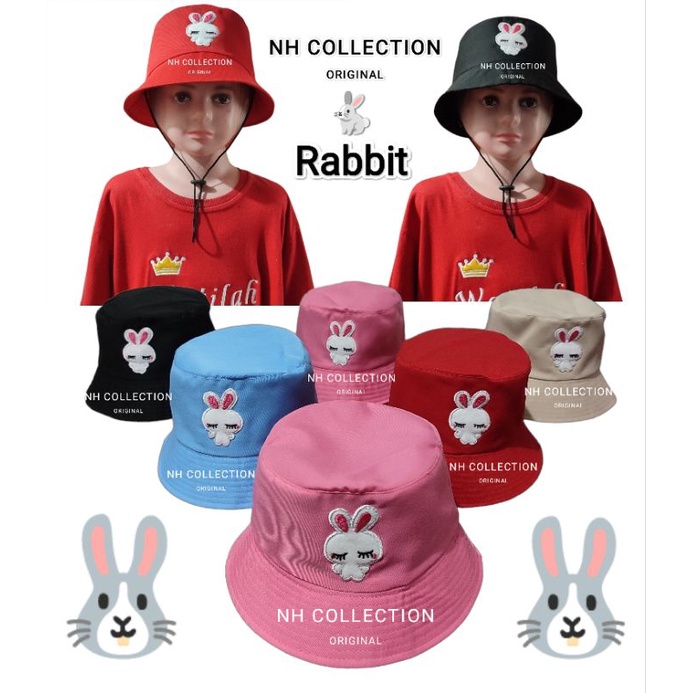 Bucket Hat Anak Ada Tali Unisex/Topi buket Motif Rabbit ORIGINAL Custom Bordir Nama