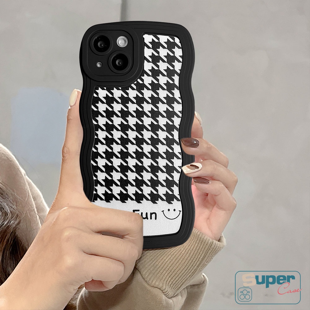 Ins Trend Casing Ponsel Motif Houndstooth Untuk Realme C55 C35 C15 C21Y C12 C11 C25s C25 C25Y 5 5s 6i 5i C3 C1 C20A C20 C11 2021 C20A Smiley Lucu Hitam Bergelombang Edge Case