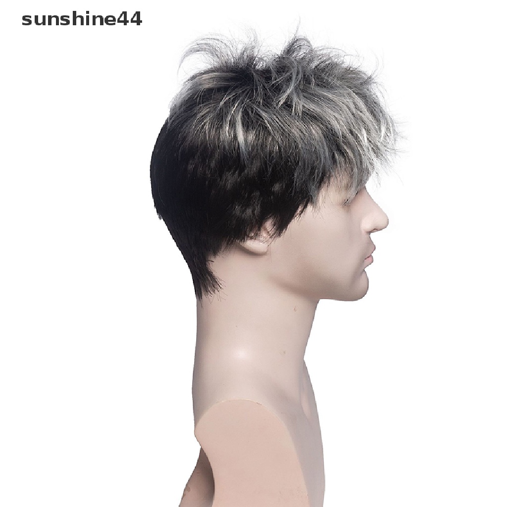 Sunshine Wig / Rambut Palsu Pria Model Pendek Keriting Warna Abu-Abu Tua / Coklat Tua