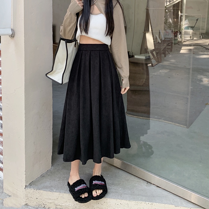 Baju Wanita Rok Midi A-line Hitam Rok High Waist  Korean Style
