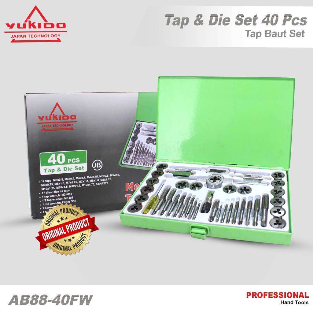 YUKIDO Tap And Die Set Alat Senai Tap Ulir Drat Baut Mur Set 40 Pcs