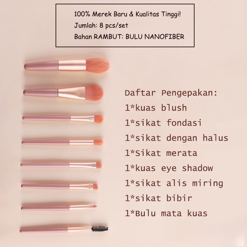 8Pcs Makeup Brush Sikat Lembut Beautytools Alat Rias Tas Kuas Portabel Lembut