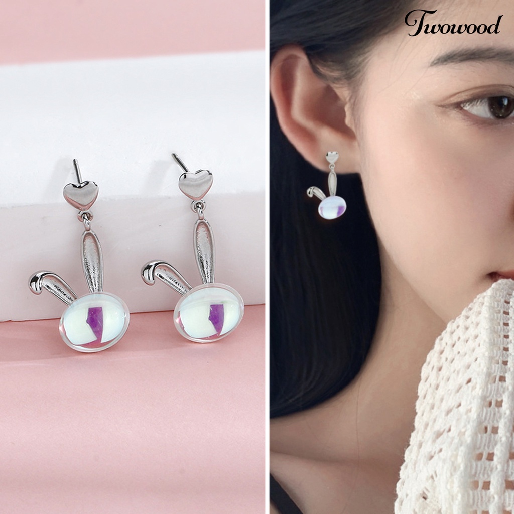 1 Pc Anting Stud Desain Kepala Kelinci Hati Batu Bulan Palsu Bahan Tembaga Anti Karat