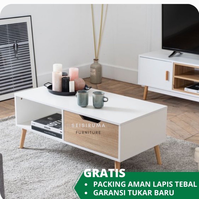 Meja Ruang Tamu Minimalis Sofa Modern Putih Laci PWW