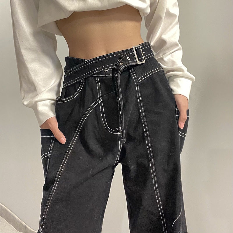 Red IAMHOTTY design sense corns waist buckle high street style jeans women show high personality fried street casual straight trousers