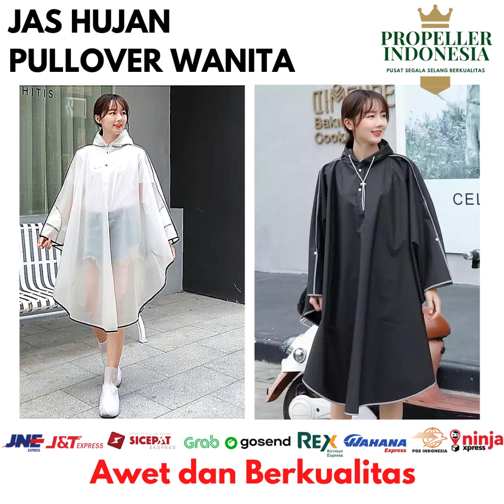 Jas Hujan Ponco Wanita Pullover Tebal Mantel Ujan Anti Air Dewasa Hitam Putih Rain Coat Pocho Import Murah