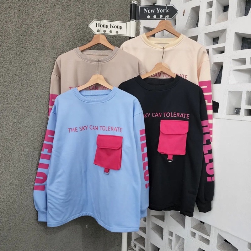 Sweater wanita HELLO POCKY PINK OVERSIZE  Sweater wanita pocket baju wanita Fleece atasan wanita Korea style