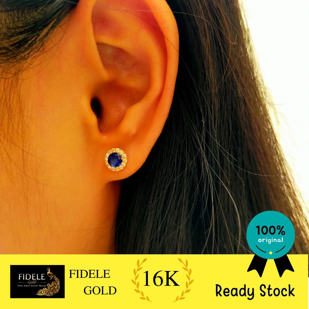 Anting Diana Merah Muda Biru Anting emas asli kadar tua 700