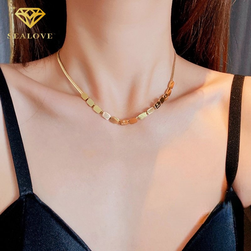 Kalung titanium wanita anti karat Premium perhiasan titanium asli Premium Kubus kecil perhiasan titanium asli Korea