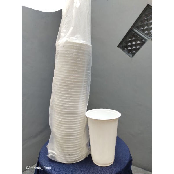 Gelas Cup 16oz Datar Putih Susu / merk SAP 1 Pack isi 50pcs/ Tebal 8gr/pcs