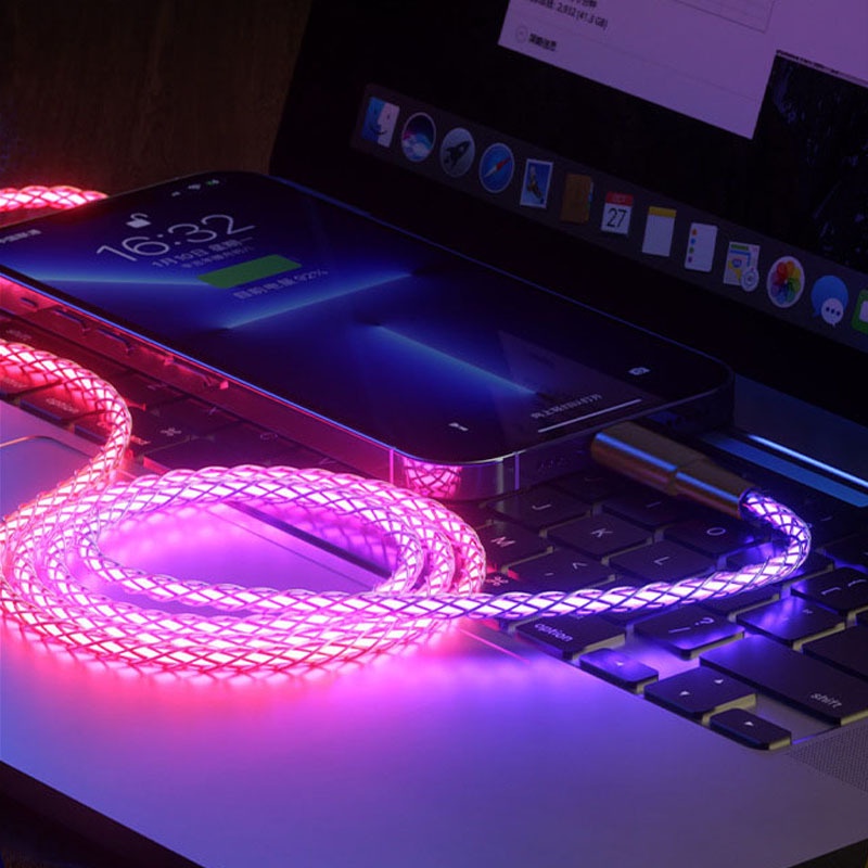 Kabel Data / Charger USB Tipe C 100W 66W Dengan Lampu Breathing RGB Untuk Iphone / Samsung / Android Micro 30W