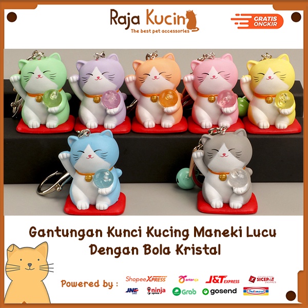 Gantungan kunci kucing maneki lucu dengan bola kristal