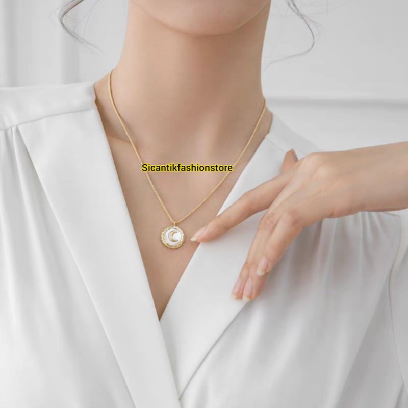 KALUNG TITANIUM WANITA TRENDING LIONTIN BULAN SABIT ASLI TITANIUM FASHION WANITA PERHIASAN WANITA LAPIS EMAS 18K PERHIASAN WANITA TERBARU TERLARIS