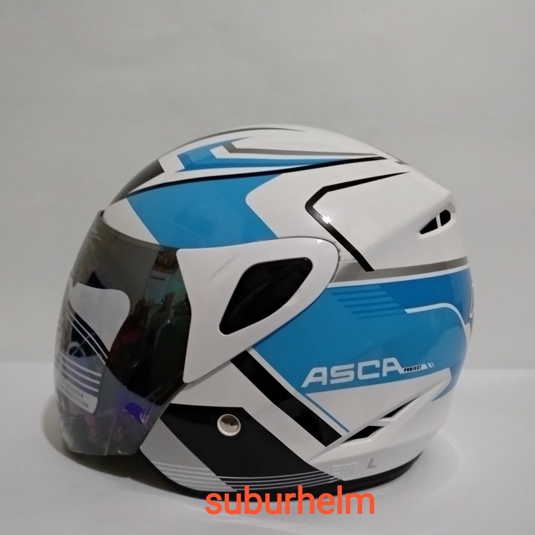 HELM  ASCA STRIKE   PROJECT   WHITE BLUE   HALF FACE  SINGLE VISOR  SNI   ORI