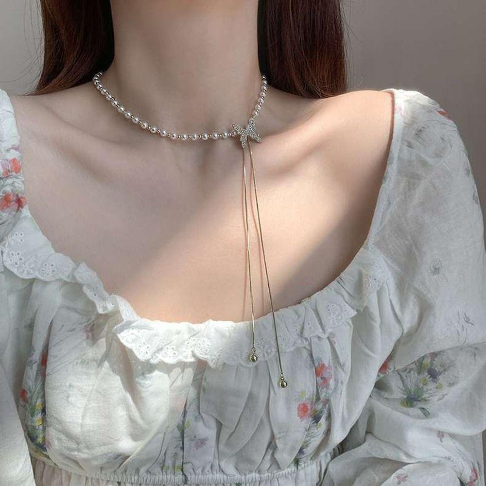 Mxbeauty Wanita Kalung Elegan Indah Halus Mutiara Gadis Hadiah Kupu-Kupu Niche Desain Adjustable Perempuan Klavikula Rantai