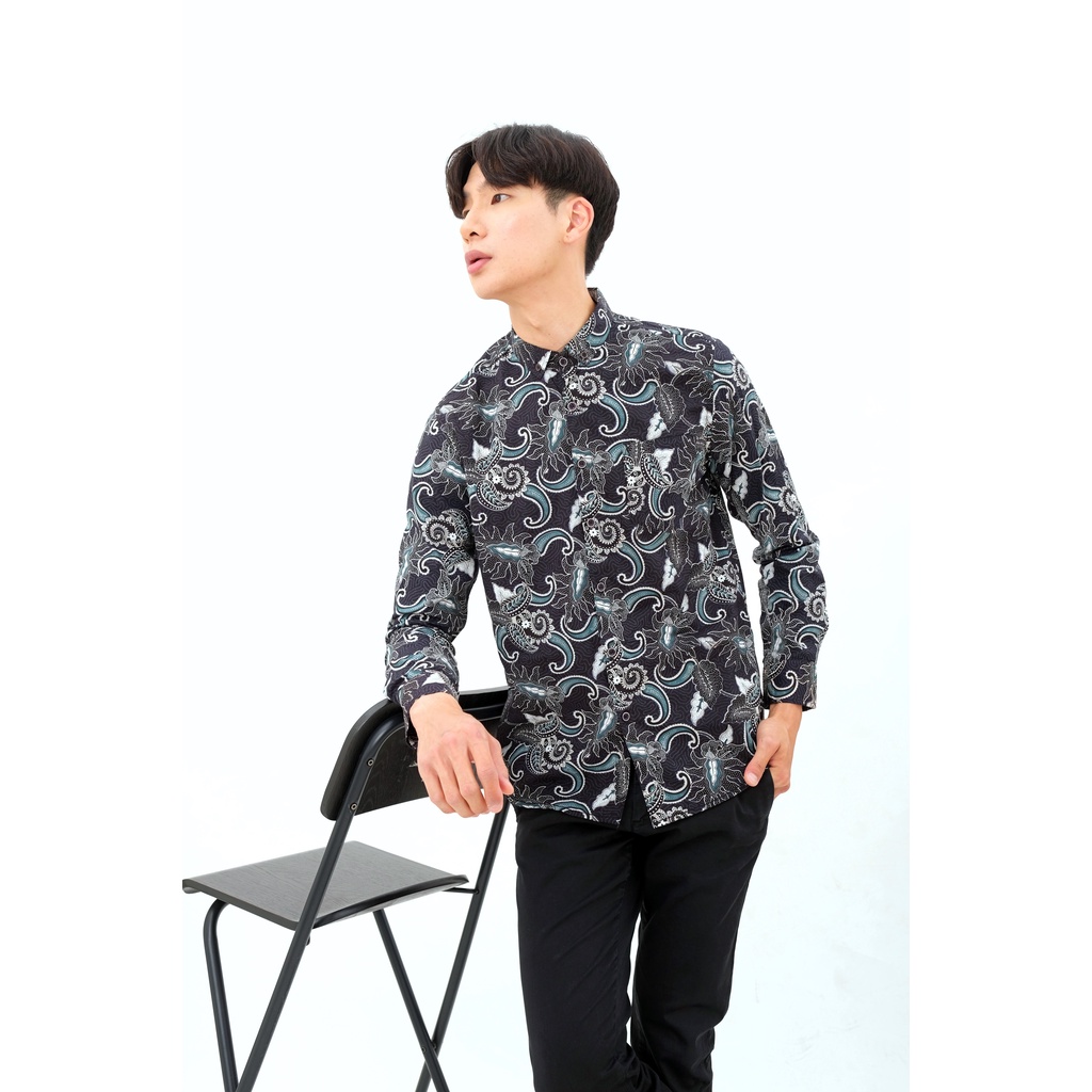 SANVANINA Kemeja Batik Pria Panjang Hitam Slim Fit - Batik Lengan Panjang Jalil E-6002