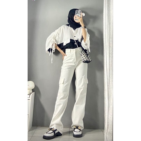 (27-38) WHITE HW CARGO LOOSE JEANS / PUTIH HW CARGO LOOSE JEANS / CELANA HIGHWAIST CARGO LOOSE JEANS WANITA CEWEK