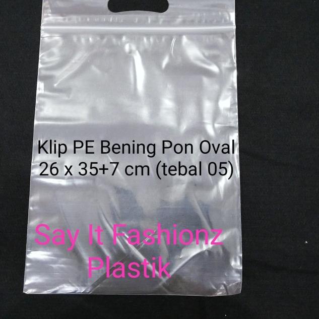 

Plastik Klip Pon Oval PE Bening 26x35+7cm tebal 05 (isi 100 lembar)