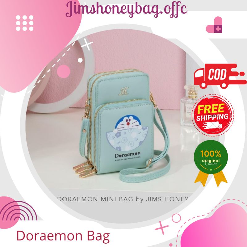 TAS SELEMPANG DOMPET POCKET HP PHONE KULIT WANITA REMAJA SIMPLE RESLETING KECIL DORAEMON MINI BAG JI