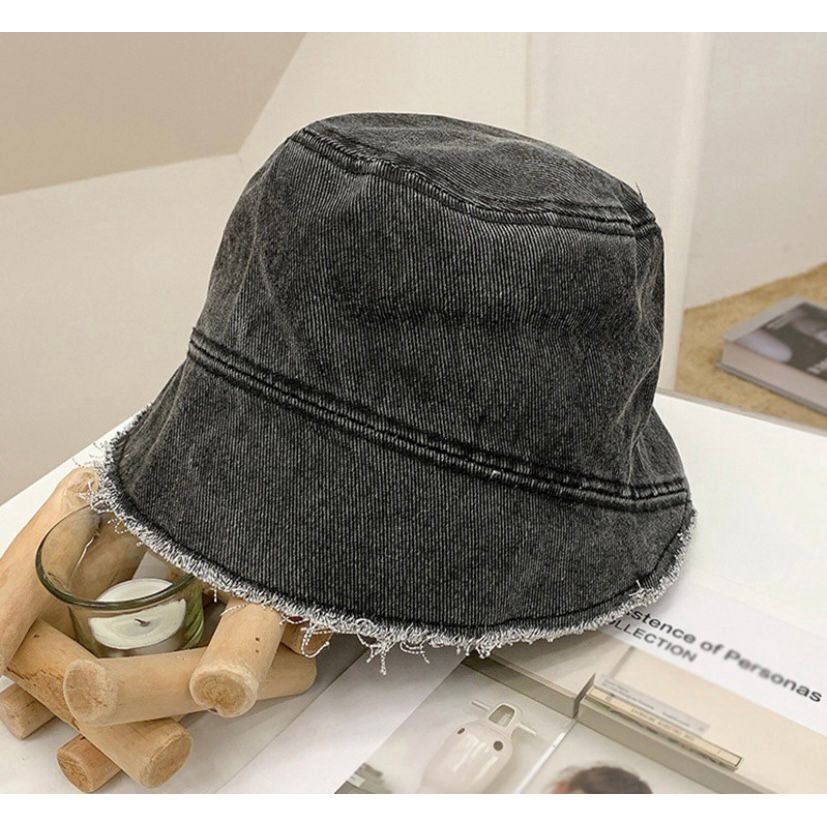 TRENDY - Bucket hat Ripped end Topi bucket hat Rawis Rumbai jeans wanita aneka warna - bucket jeans wanita model sobek