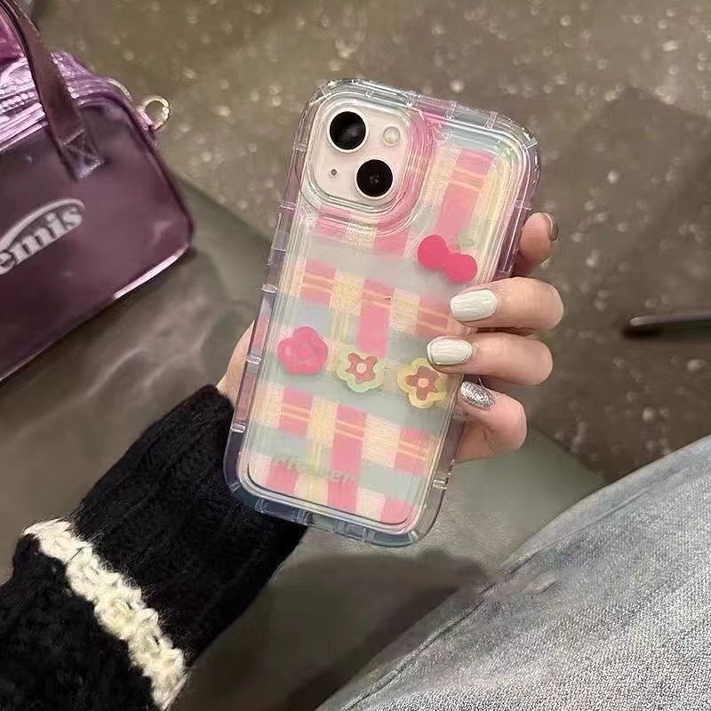 Soft Case TPU Silikon Transparan Shockproof Motif Kotak-Kotak Pink Untuk IPhone 14 12 13 11 Pro X XS Max XR 8 7 6 6S Plus