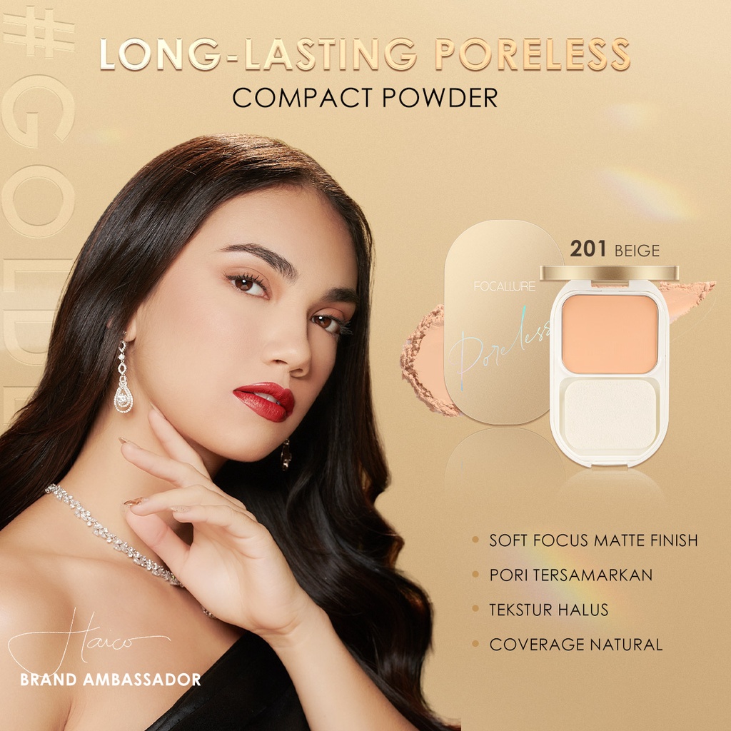 FOCALLURE #GoldenAge Matte Poreless Bedak Padat Compact Powder Waterproof Matte Pressed Powder- Up to 12 Hours