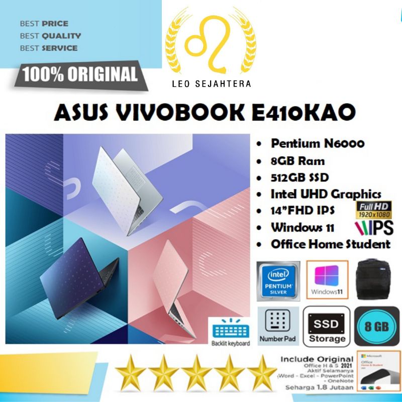Asus E410KAO VIPS655 intel N6000Ram 8GB SSD 512gb Windows 11 fingerprint garansi resmi 1 tahun