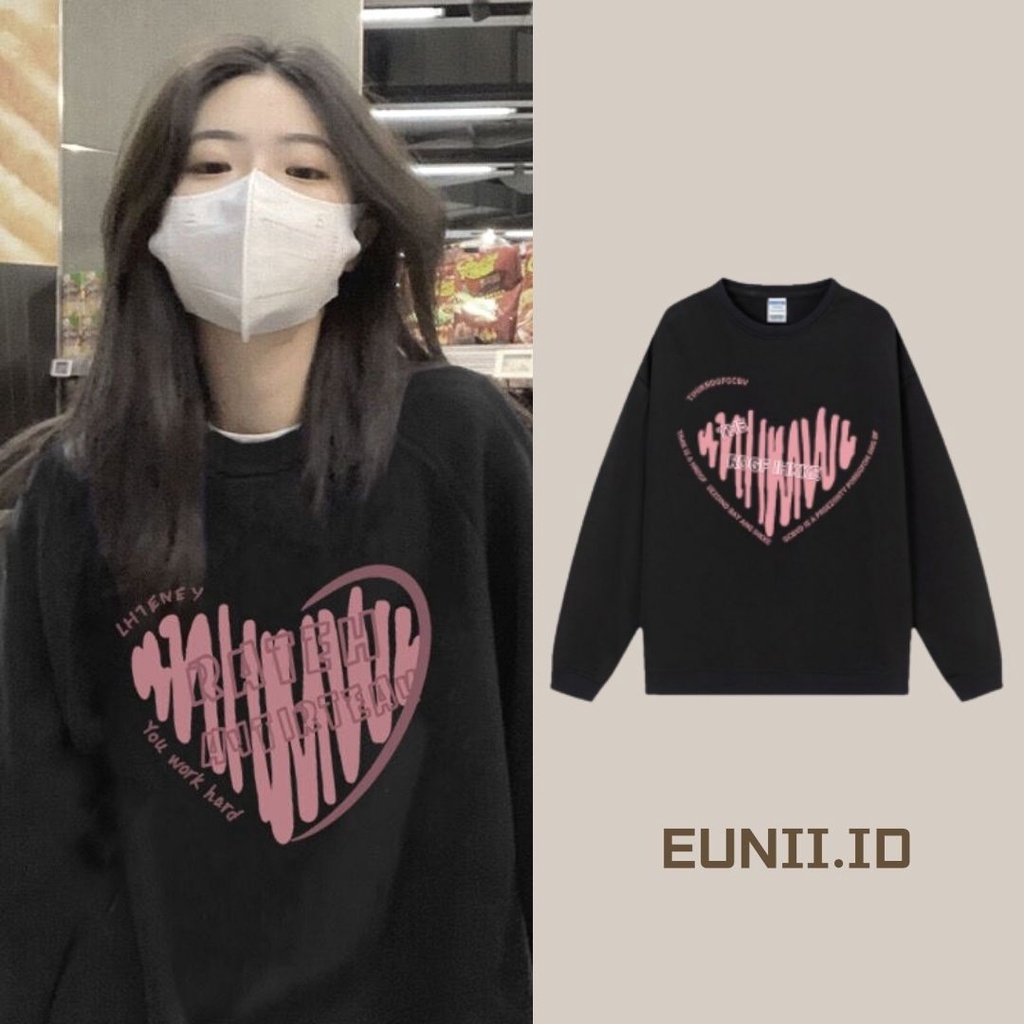 EUNII Sweater Lengan Panjang Retro Pink Heart Korean Style/Hoodie Oversize/Kaos Wanita/Switer Wanita