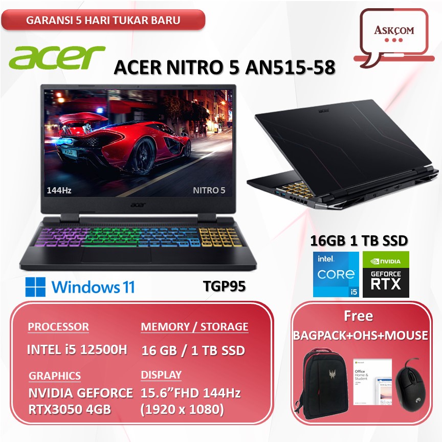 Laptop Gaming Acer Nitro 5 AN515-58 RTX3050 4GB i5 12500H 32GB 1TB ssd 15.6FHD 144Hz W11+OHS