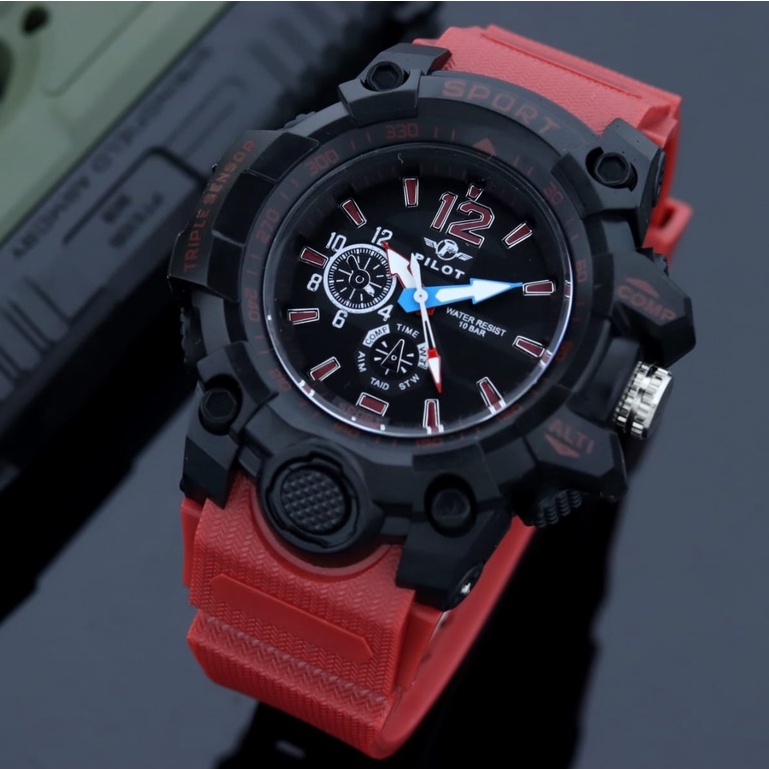 Jam tangan pria PILOT P9000 Strap Karet Water proof Free Batrai