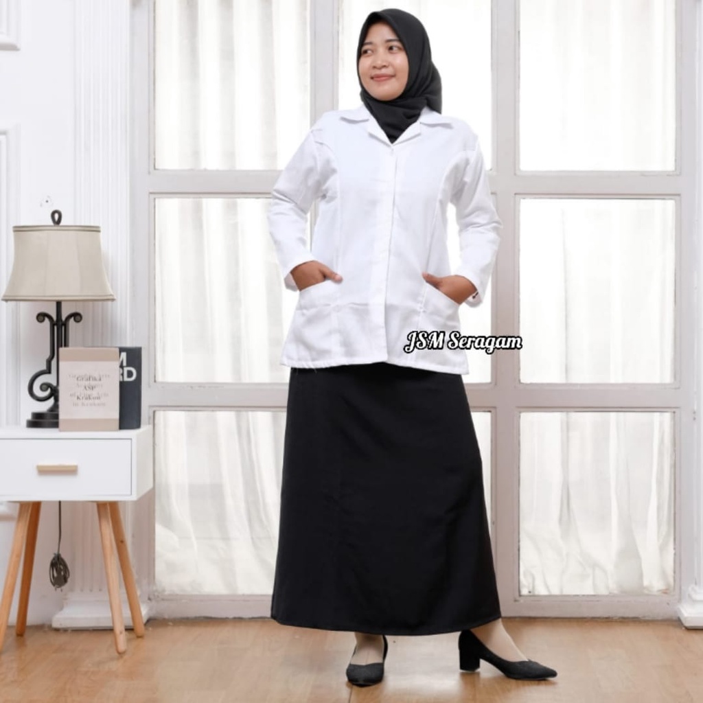 Seragam Putih PNS/ASN PDH Wanita Saku Bawah Lengan Panjang Baju Putih Guru Seragam Bidan